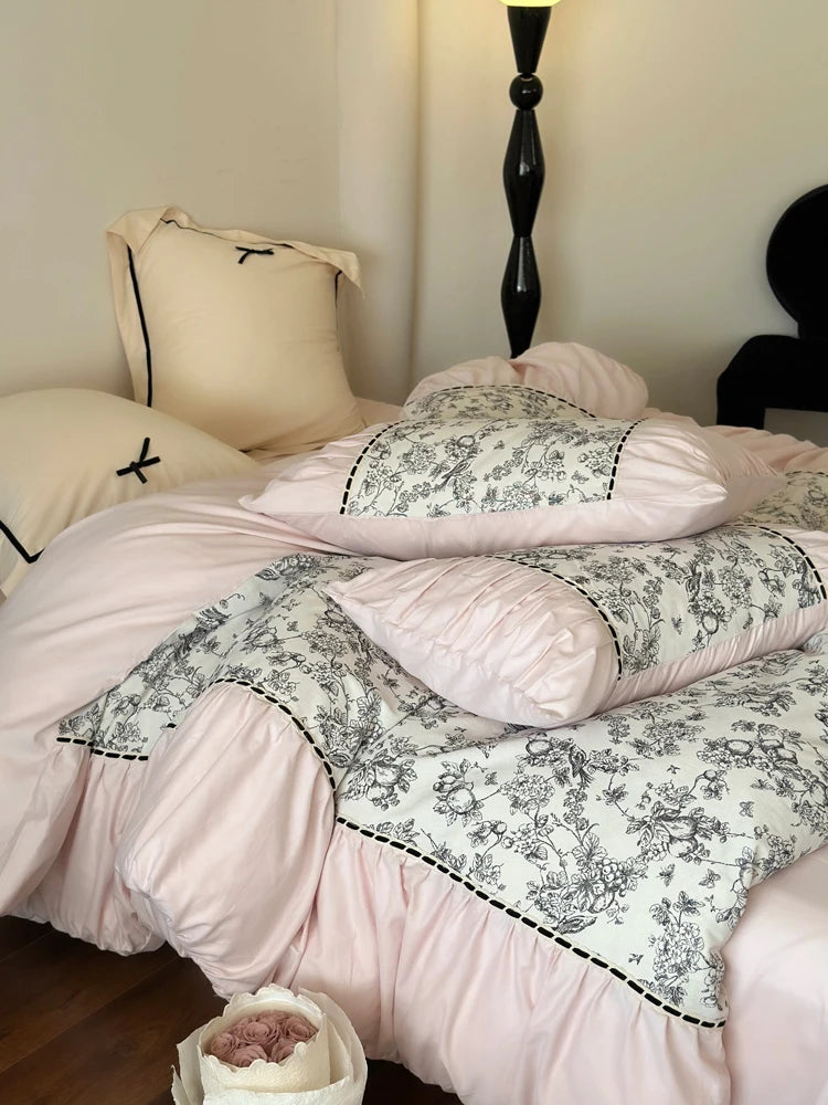 Ihomed Winter 100% Cotton Korean Princess  Bedding Set Thickened Retro French Duvet Cover Sets Flower Bed Skirt  Skin-friendly Fabrics