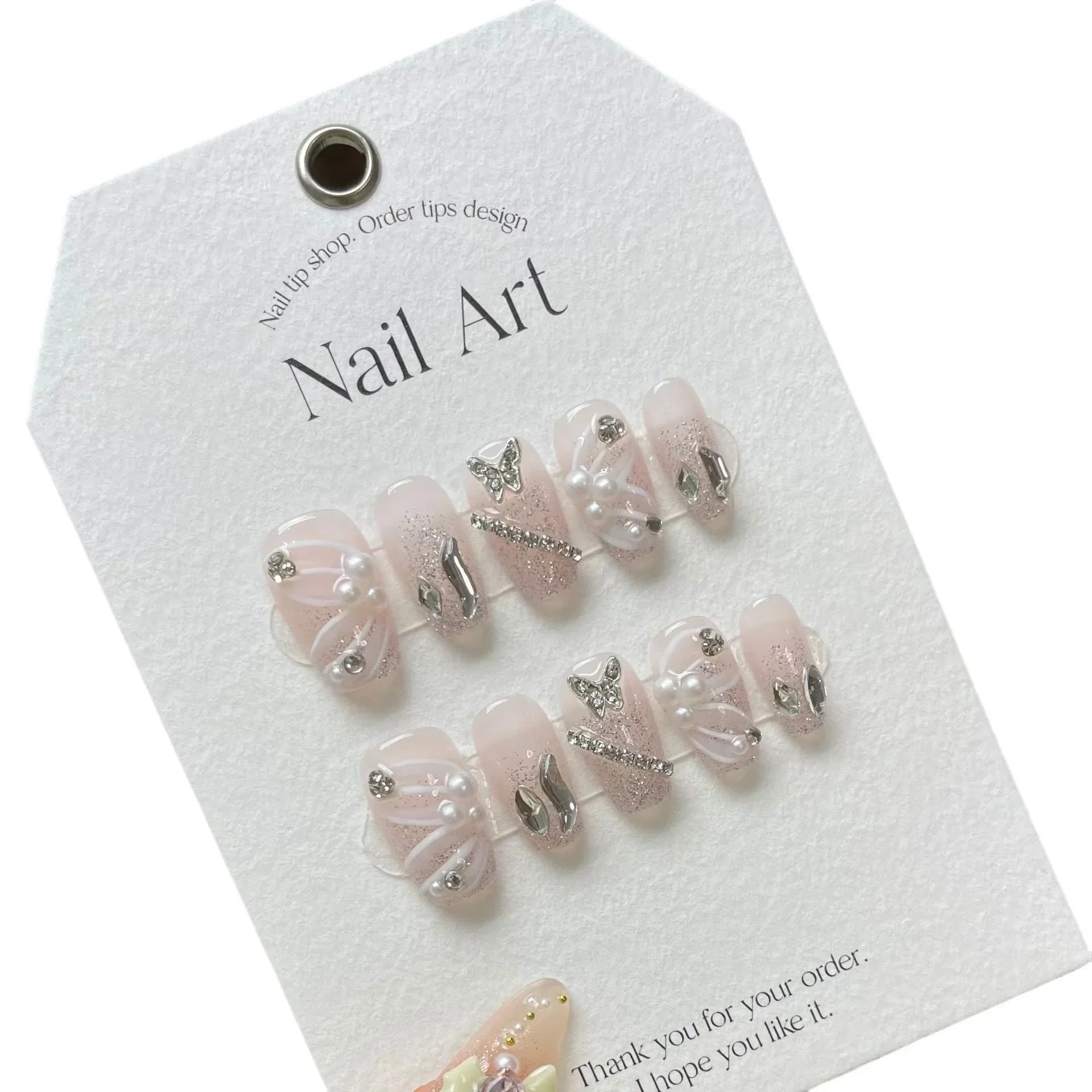 Ihomed 10Pcs Short Handmade Glitter Press On Nails Gradient French with Rhinestones Wearable False Nails Decoration Fake Nails Tips Art