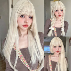 Ihomed 26Inch Blonde Platinum Golden Synthetic Wigs With Bang Long Natural Straight Hair Wig for Women Hime Cut Cosplay Heat Resistant