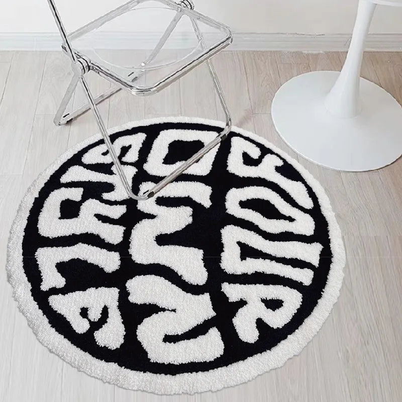 Ihomed 100cm Cool Round Tufted Bedroom Rug Soft Fluffy Letters Mat Bedside Carpet Floor Anti Slip Pad Aesthetic Home Room Decor