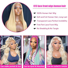 Ihomed 34 38 Inch 613 Honey Blonde Bone Straight 13x6 Lace Front Human Hair Wig Brazilian Colored 13x4 Lace Frontal Wigs For Women