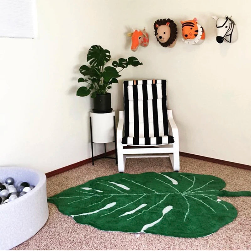 Ihomed Nordic Green Leaf Rug Cotton Kids Room Floor Mat Soft Baby Girl Boy Play Area Children Bedroom Playmat Spring Home Nursery Decor