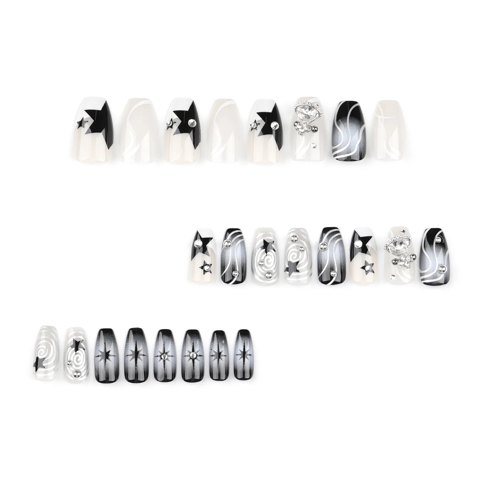 Ihomed 24pcs Punk Fake Nails Heavy Metal Sliver Bead Black Star Design False Nail Patch Wearable y2k Cool Girl Style Press on Nails