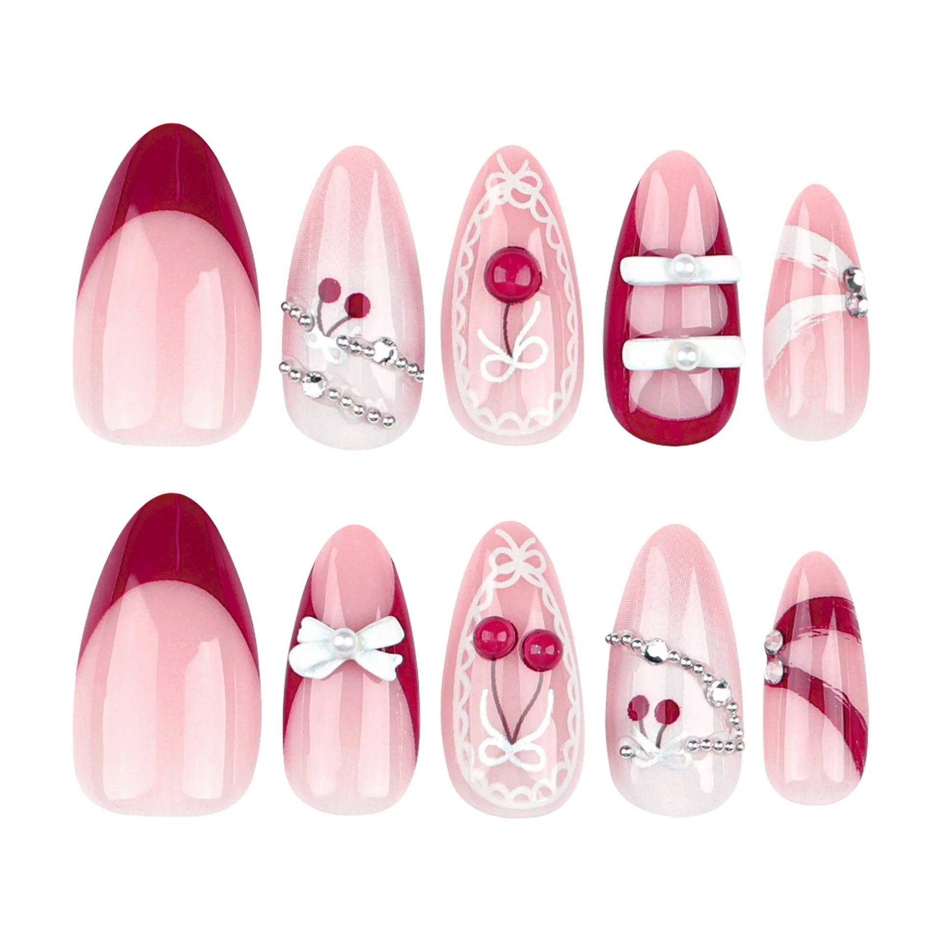 Ihomed 24pcs Red Cherry Fake Nails French Almond Press on Nails with white Bow Decor Full Cover Wearable False nail Tips For Women