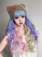 Ihomed 28Inch Blue Pink Purple Blonde Mix Color Synthetic Magic Wigs With Bang Long Natural Wavy Hair Wig For Women Cos Heat Resistant