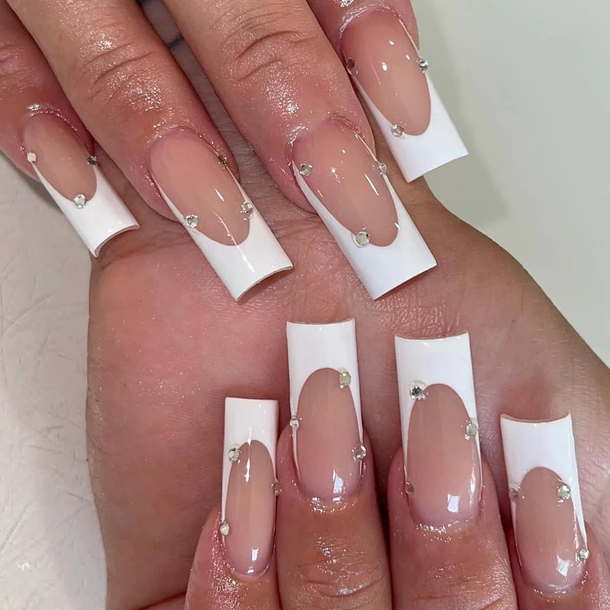 Ihomed 24Pcs Long Square False Nails Simple White French Fake Nails Wearable Ballet Coffin Full Cover Nail Tips Acrylic Press on Nails