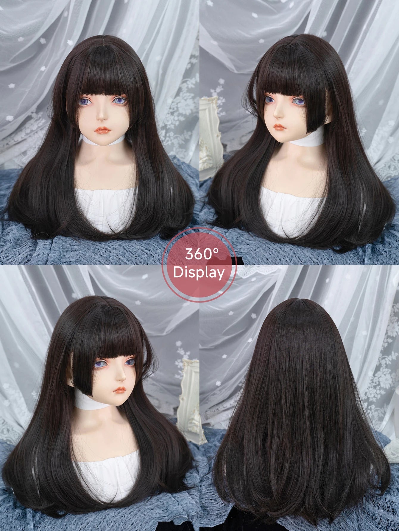 Ihomed 22Inch Black Japanese Hime Cut Synthetic Wigs with Bang Long Natural Straight Hair Mechanism Wig for Women Daily Heat Resistant