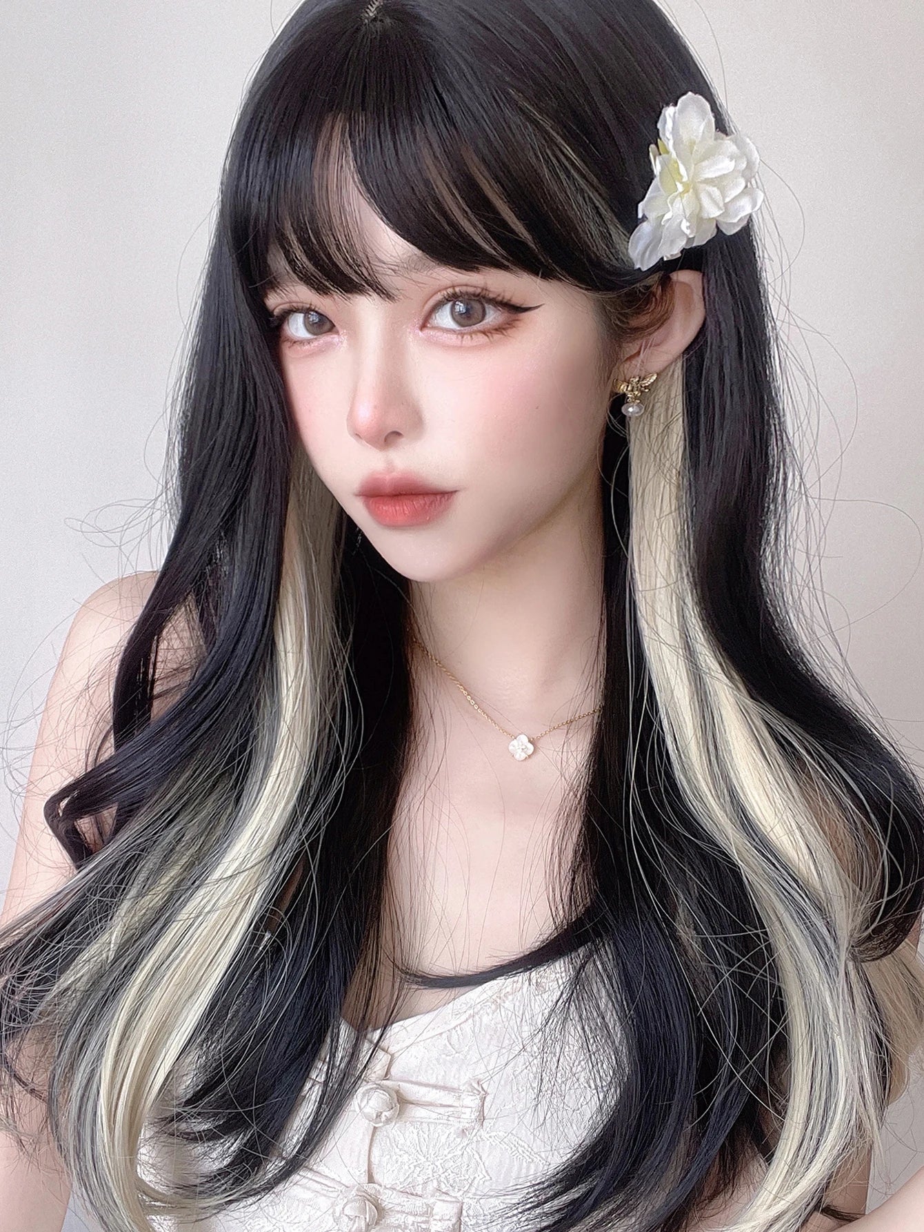 Ihomed 24Inch Black Highlight Flaxen Color Synthetic Wigs With Bang Long Natural Straight Hair Wig For Women Daily Use Heat Resistant