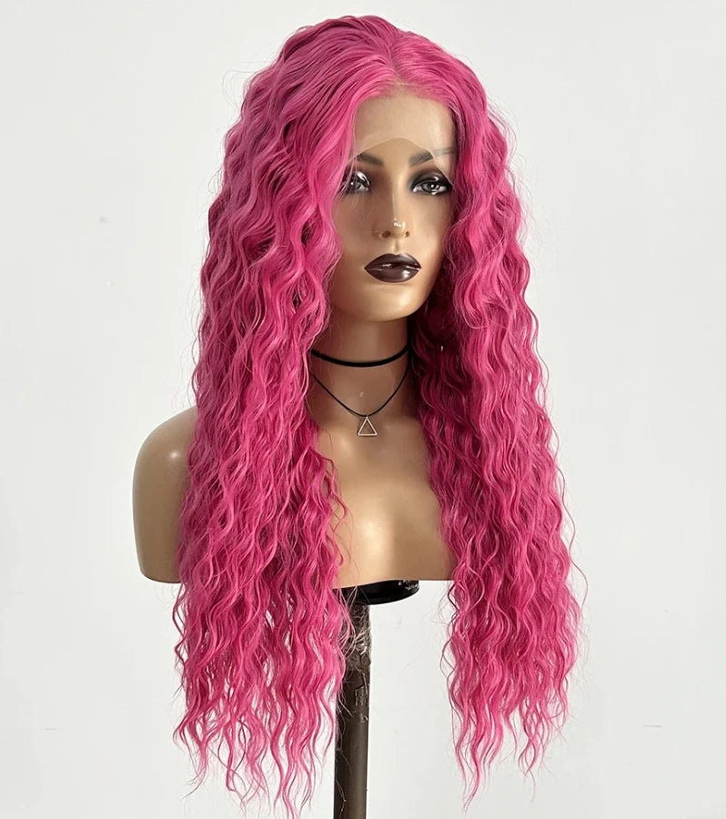 Ihomed Hot Pink Wig Deep Wave Synthetic Lace Front Wig Glueless Natural Hairline Rose Red Long Curly Hair Lace Frontal Wigs for Women