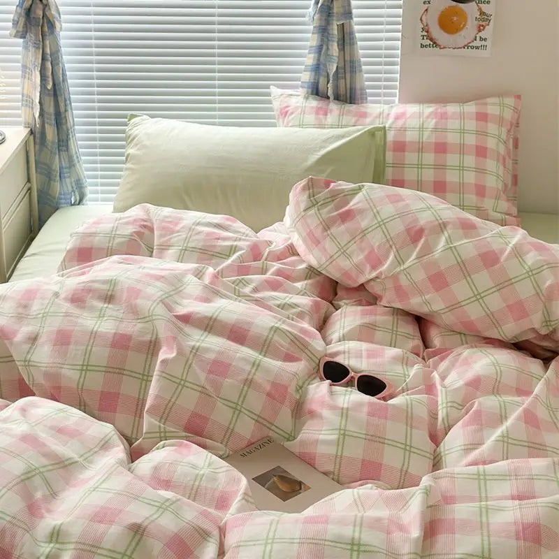 Ihomed INS Pink Green Lattice Stripe Bedding Set Plaid Duvet Cover Soft Microfiber Bed Linen Twin Full Queen Size Grid Home Textiles