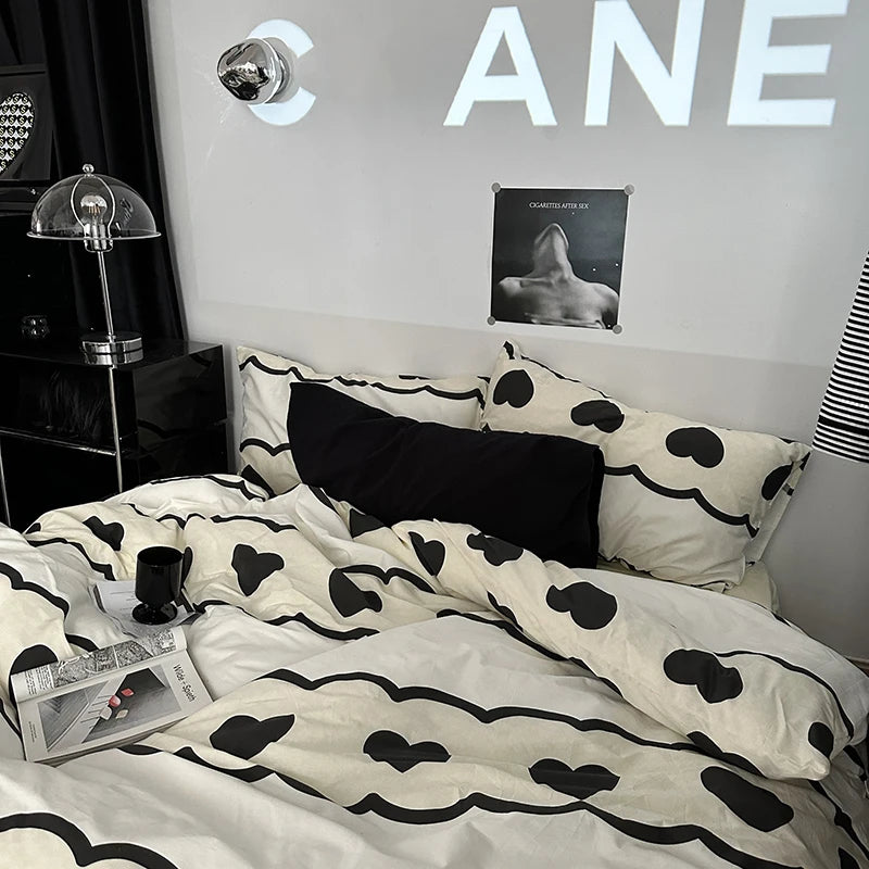 Ihomed Black and White Love Heart Bed Cover Sets and Bed Sheet Pillowcase Single Twin Queen Size Simple Adult Bedding Linens NO Filling