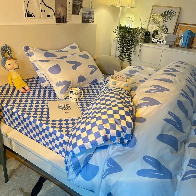 Ihomed Ins Nordic Blue Heart Duvet Cover Home Textile Pillow Case Bed Sheet Kids Girls Bedding Covers Set King Queen Twin Cute Kawaii