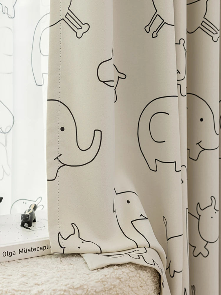 Ihomed Cute Cartoon Children's Bedroom Curtains Black White Minimalist Living Room Decoration Window Screen Animal Blackout Curtain IG