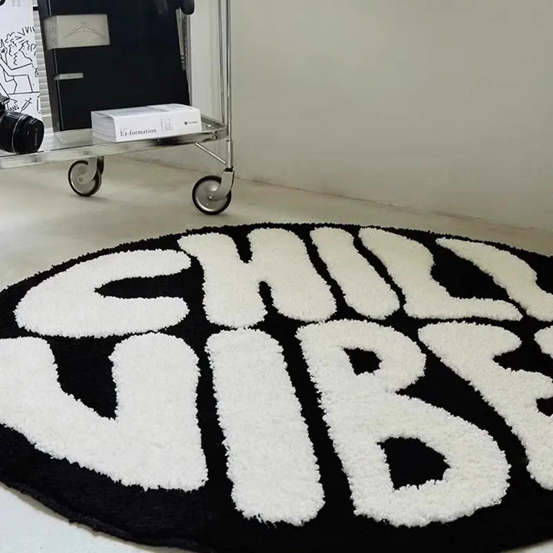 Ihomed Black And White Round Tufted Bedroom Rug Soft Fluffy Letters Mat Bedside Carpet Floor Anti Slip Pad Aesthetic Home Room Decor