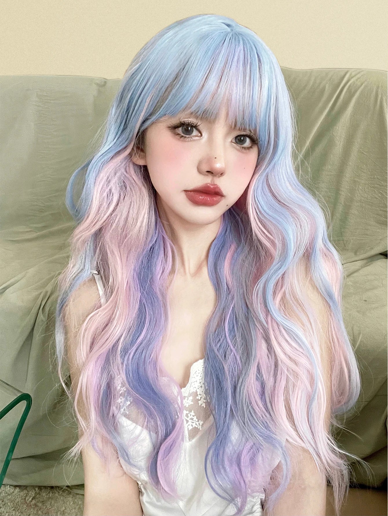 Ihomed 26Inch Fantasy Purple Mix Lolita Synthetic Wigs With Bang Long Natural Wavy Hair Wig For Women Cosplay Daily Use Heat Resistant