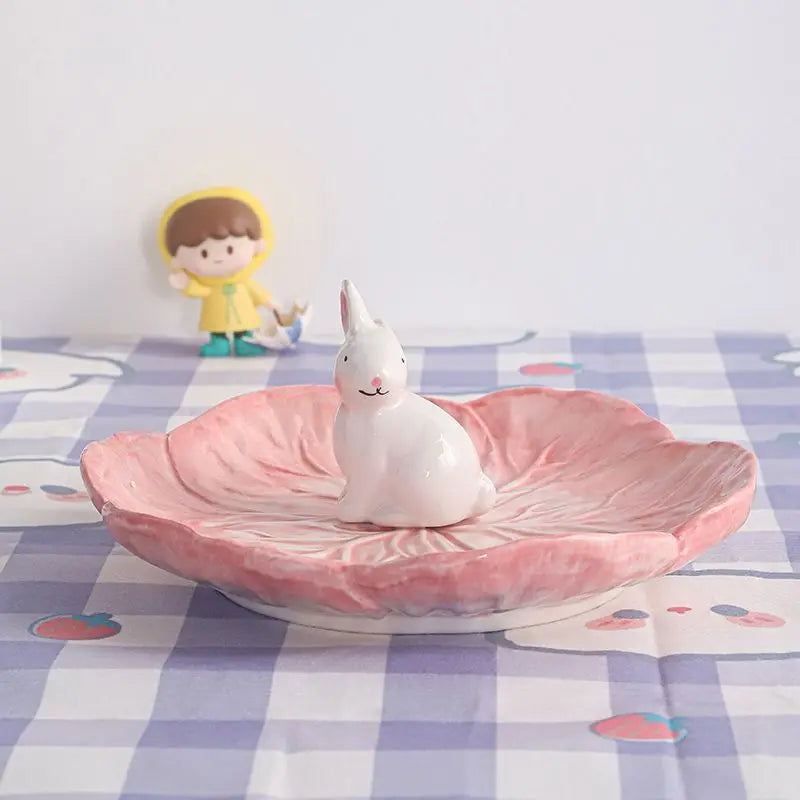 Ihomed Japanese Pink Green Cabbage Ceramic Bowls: Cute and Girly with Rabbit Design for Home Deco Afternoon Tea Dessert Plate