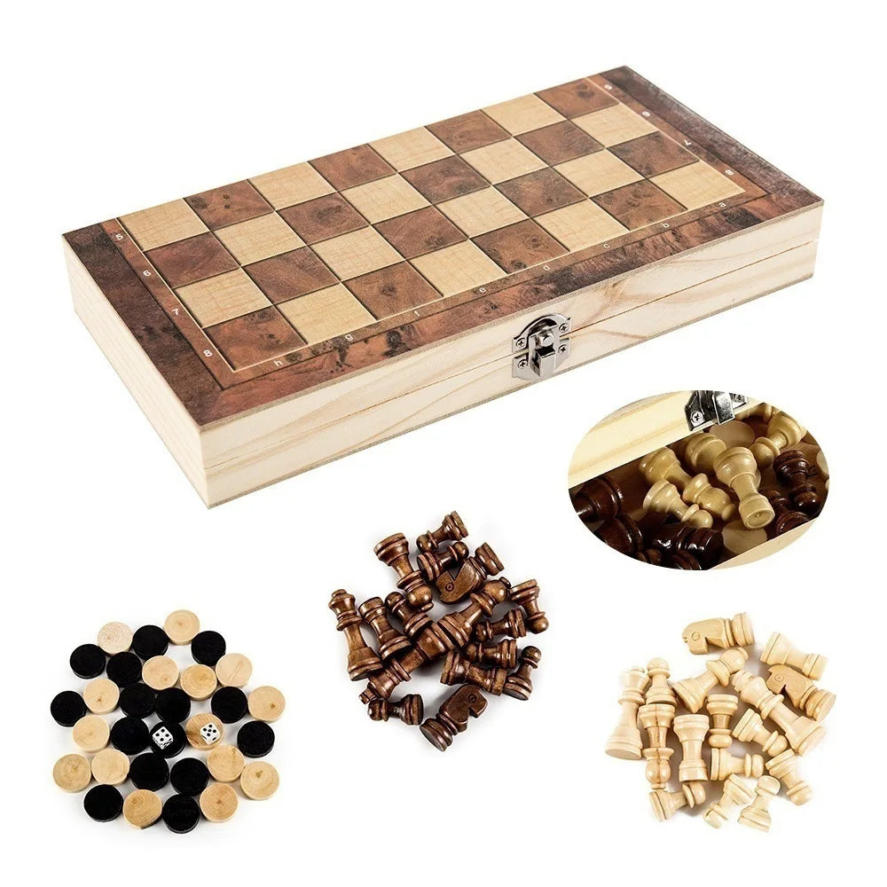 Ihomed Foldable International Chess 3-in-1 Wooden Chess Set Toy Educational Brain Training Board Game for Children High-end Gift