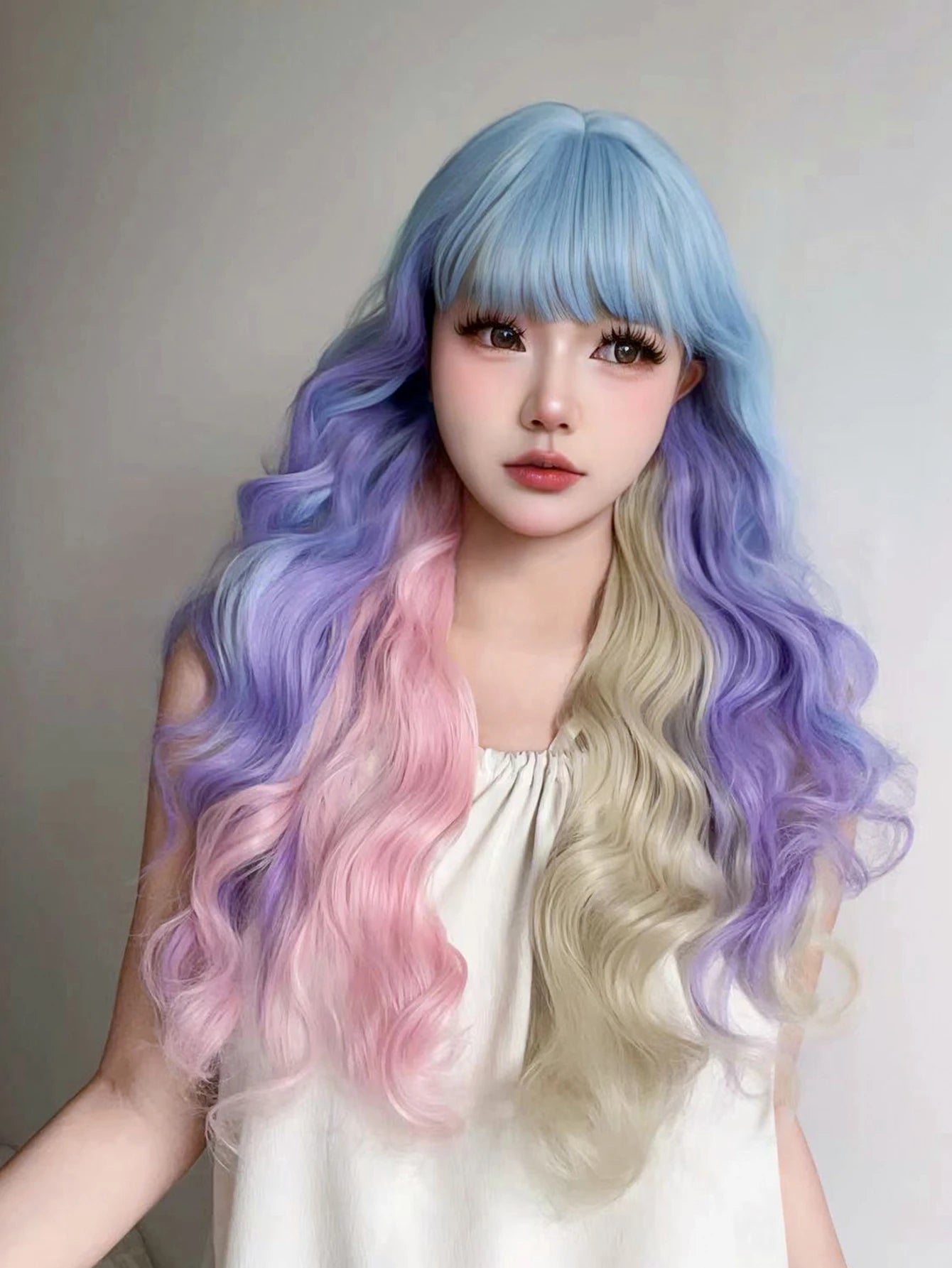 Ihomed 28Inch Blue Pink Purple Blonde Mix Color Synthetic Magic Wigs With Bang Long Natural Wavy Hair Wig For Women Cos Heat Resistant