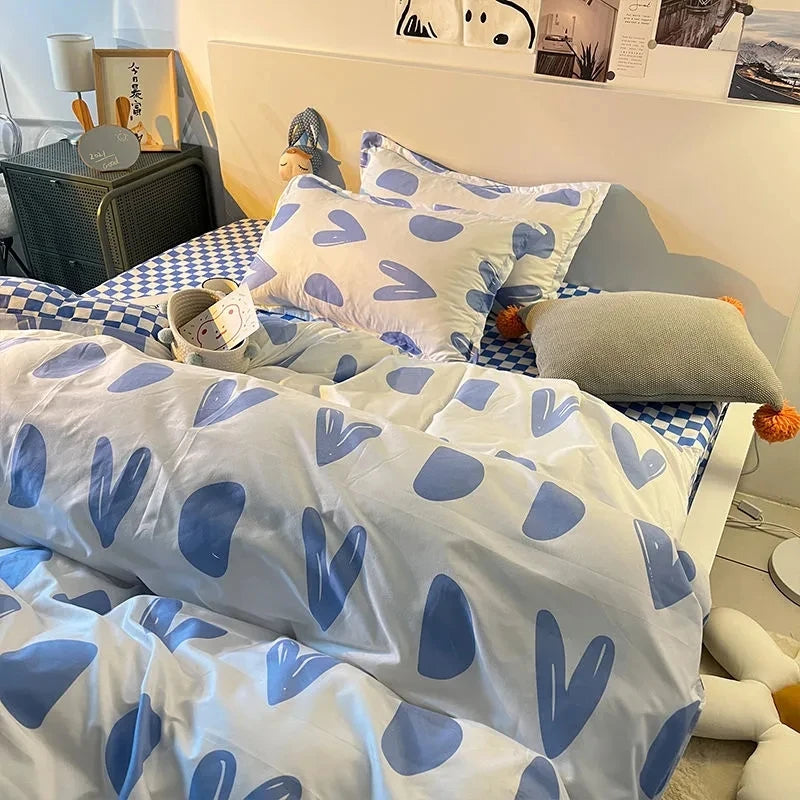 Ihomed Ins Nordic Blue Heart Duvet Cover Home Textile Pillow Case Bed Sheet Kids Girls Bedding Covers Set King Queen Twin Cute Kawaii