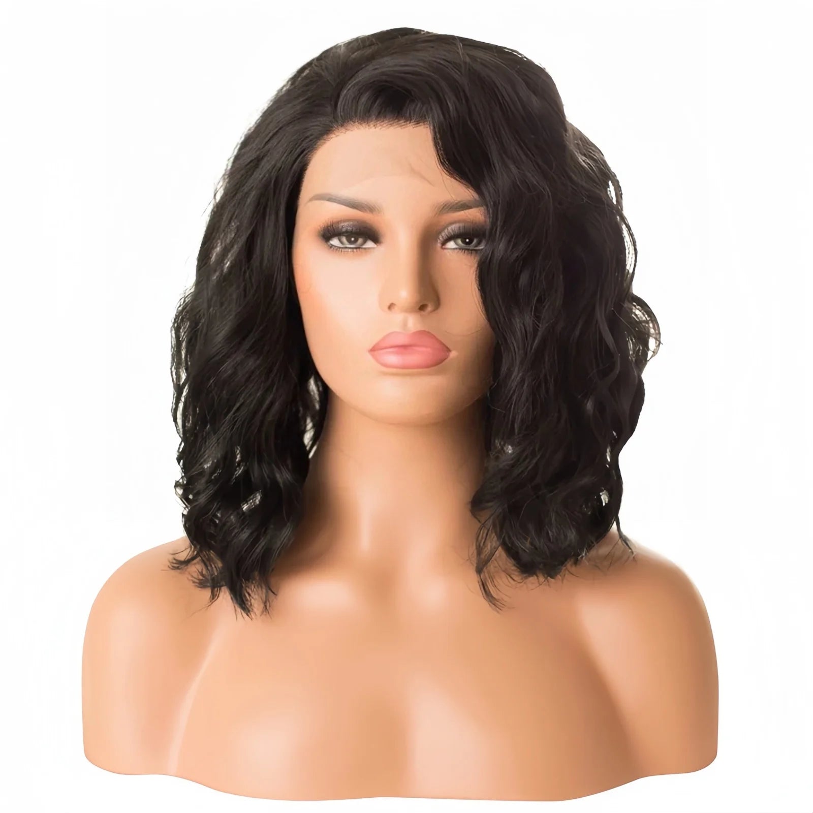 Ihomed Short Black Wavy Wig for Women Synthetic Lace Front Wig 12 Inch Shoulder Length Side Part Bob Curly Wig 13x4 Frontal Daily Use