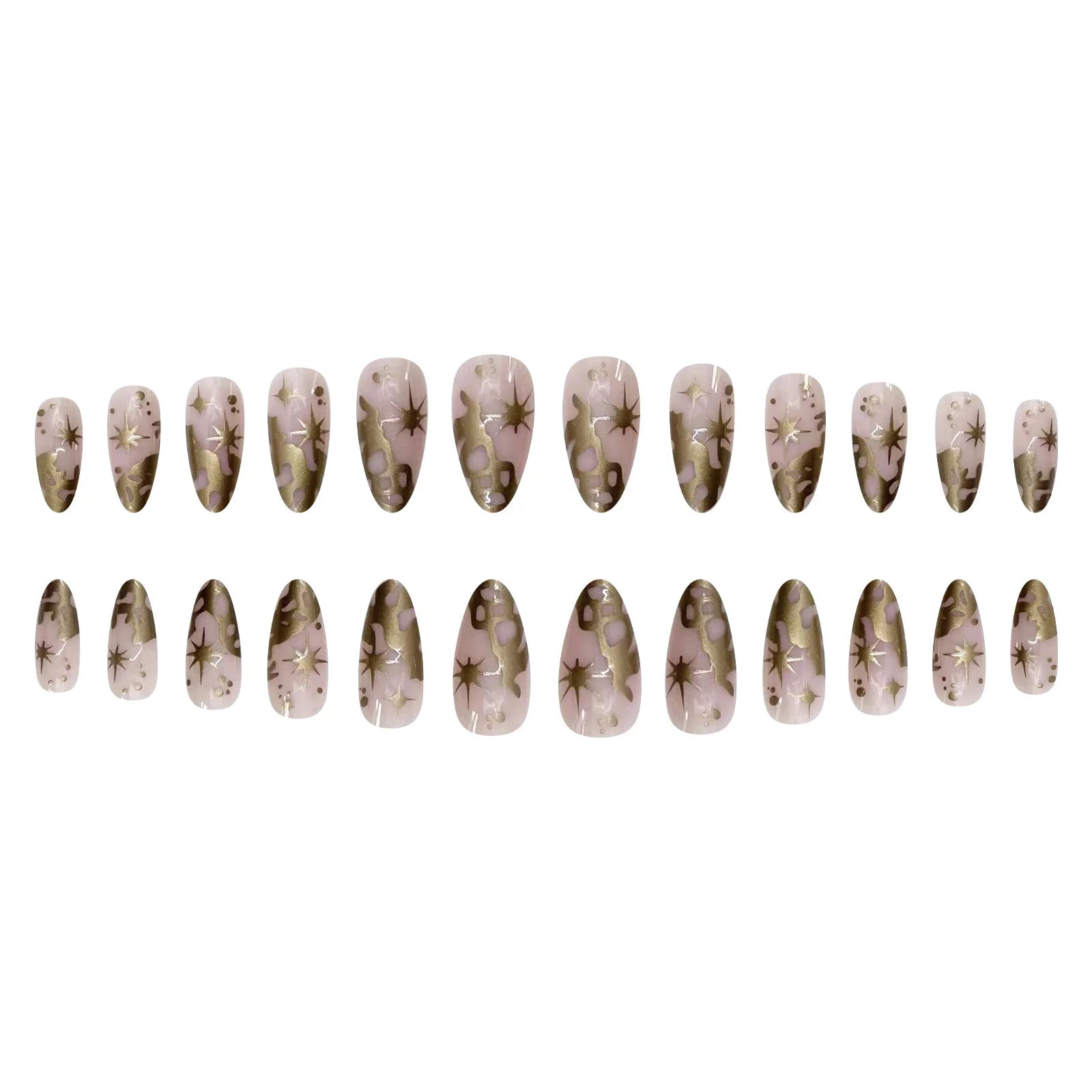 Ihomed 24pcs Gold Baroque False Nails Patch French Gold Star Pattern Fake Nail Almond Wearable Girl Press on nail Tips Manicure Sets