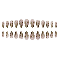 Ihomed 24pcs Gold Baroque False Nails Patch French Gold Star Pattern Fake Nail Almond Wearable Girl Press on nail Tips Manicure Sets