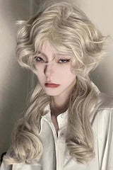 Ihomed Beige Medium Long Curly Hair Retro Ouji Wig with Bangs 18 Inch 13x4 HD Wigs for Women Lolita for Cosplay and Party Use