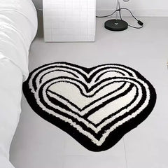 Ihomed Black White Tufting Bedroom Rug Double Heart Shape Carpet Bathroom Mat Soft Bedside Floor Tidy Pad Doormat Aesthetic Home Decor