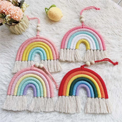 Ihomed Handmade Woven Cotton Rope Rainbow Tassels Bead Boho Style Pendants Rainbow Children'S Room Wall Hanging Holiday Decoration