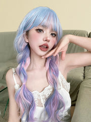 Ihomed 26Inch Fantasy Purple Mix Lolita Synthetic Wigs With Bang Long Natural Wavy Hair Wig For Women Cosplay Daily Use Heat Resistant