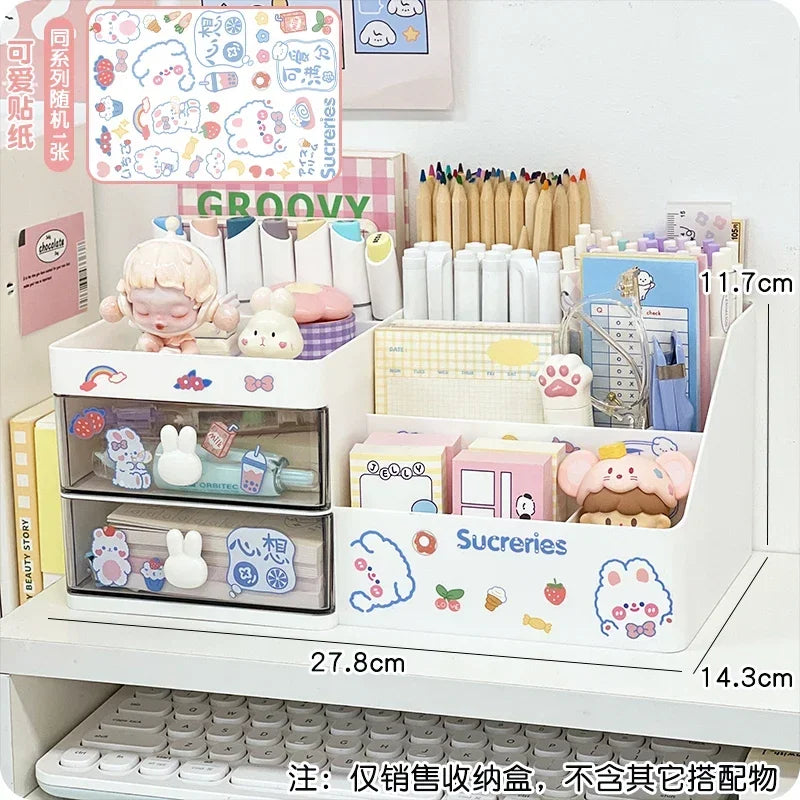 Ihomed Desktop Cosmetic Storage Box Organizer Drawer Office Storage Rack Stationery Desk Pen Holder Bunny Drawer Organizer Cute Kawaii