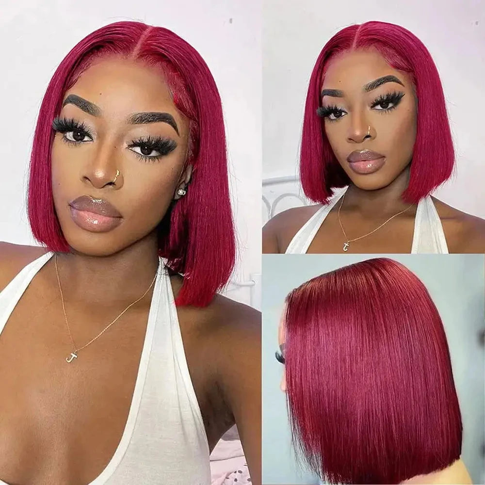 Ihomed 99j Burgundy Short Bob Straight 13x4 Lace Front Wig Human Hair Wigs For Women Red Colored Bob Wigs 200% Density Lace Frontal Wig