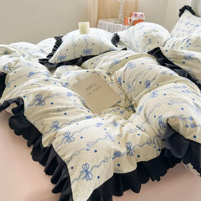 Ihomed  Korean style small fresh blue bow lace four piece set, washed bubble cotton quilt cover, bed sheet, 3-piece set