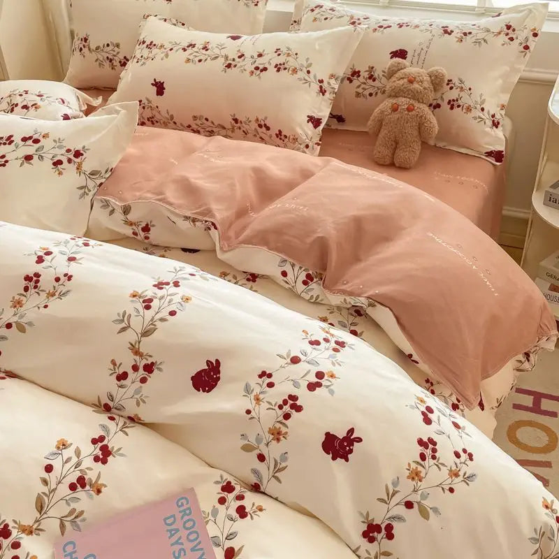 Ihomed Washed Cotton Four Piece Bed Ins Style Girl Heart Quilt Cover Bed Sheet Countryside Style Broken Flower Quilt Cover Dormitory