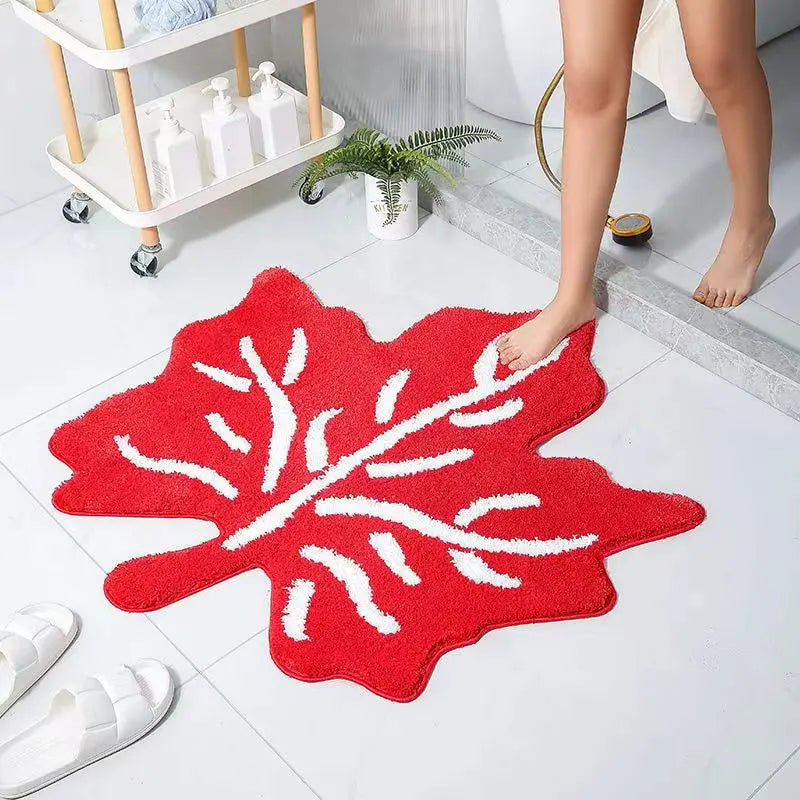 Ihomed  Red Green Maple Leaf Design 70x70cm Rug Bathroom Bedroom Living Room Bedside Carpet Non-Slip Cute Cartoon Floor Mat