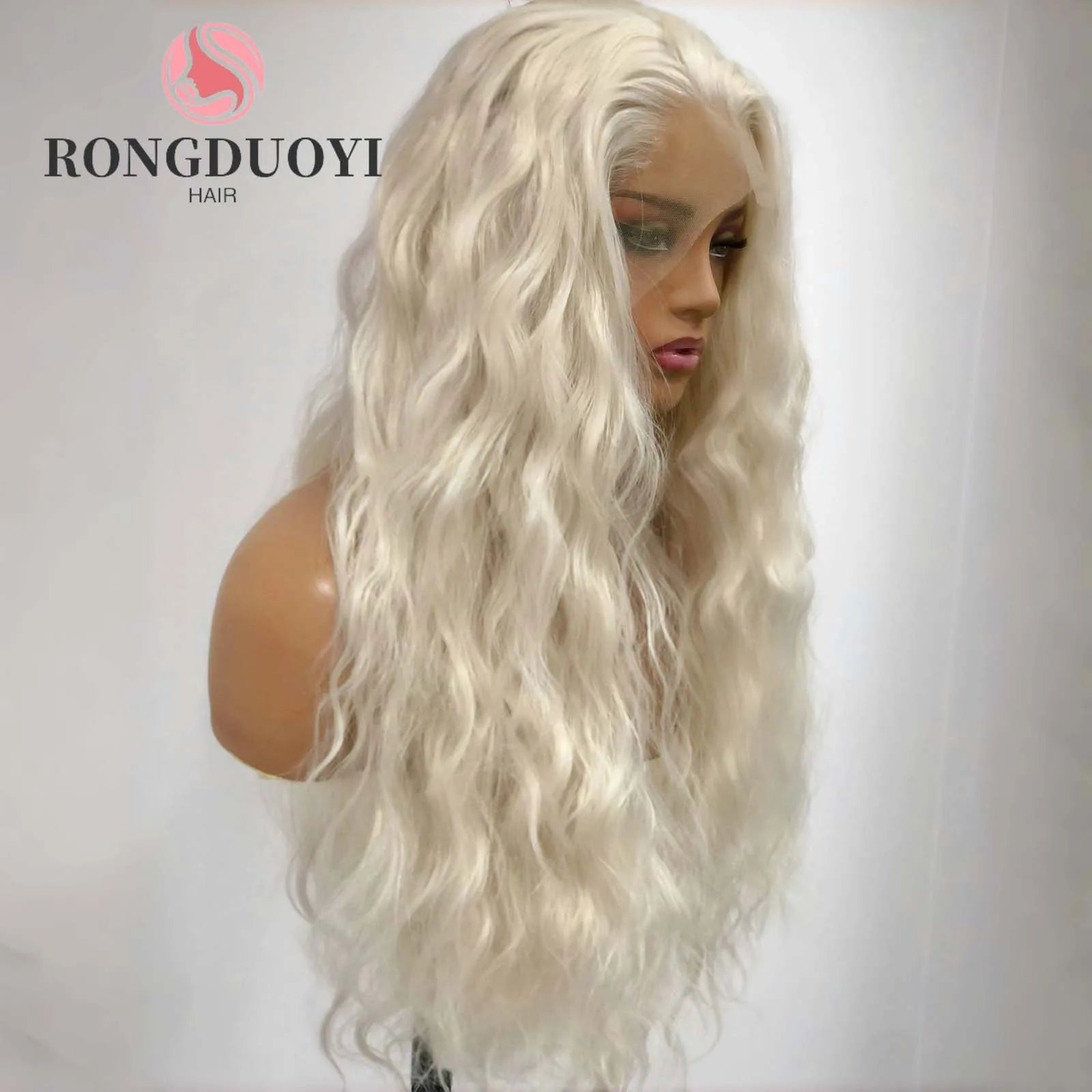 Ihomed Platinum Blonde Long Curly Synthetic Lace Front Wig Natural Wavy Deep Wave White Blond Colored Hair 13X4 Frontal Wigs for Women