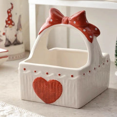 Ihomed Red Ceramic Fruit Basket Cute Hand-painted Bow Love Heart Food Snack Hand Basket Bowl Kitchen Acceesories Christmas Decorations