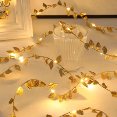 Ihomed Flower Christmas Gold Leaf String Lights Artificial Vine Fairy Lights Battery Powered Christmas Tree Garland Light for Weeding Home Decor