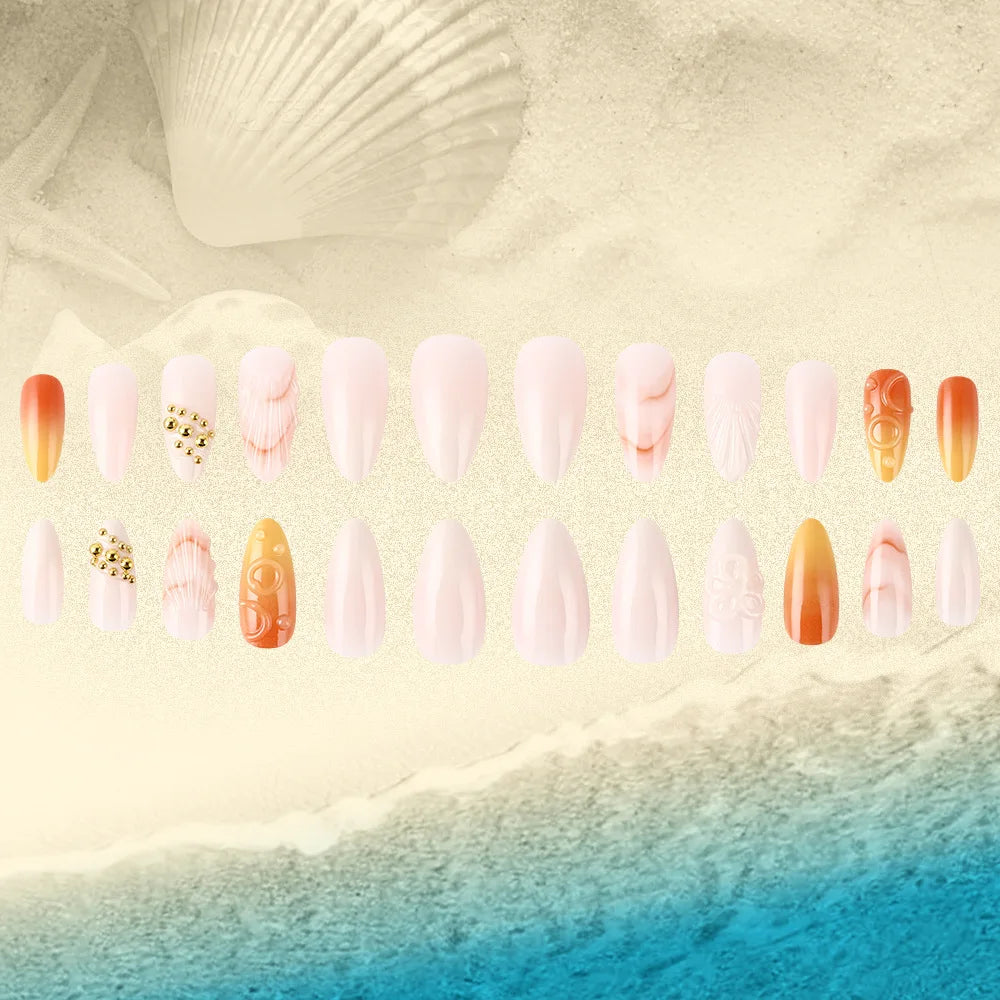 Ihomed 24pcs 3D Ocean Shell Series Press on Nails Gradient Almond False Nails Wearable Full Cover European Sweet Girl Press on Nails