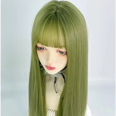 Ihomed Green Long Straight Synthetic Women Wig with Bangs Lolita Cosplay Fluffy Hair Heat Resistant Wig for Daily Party