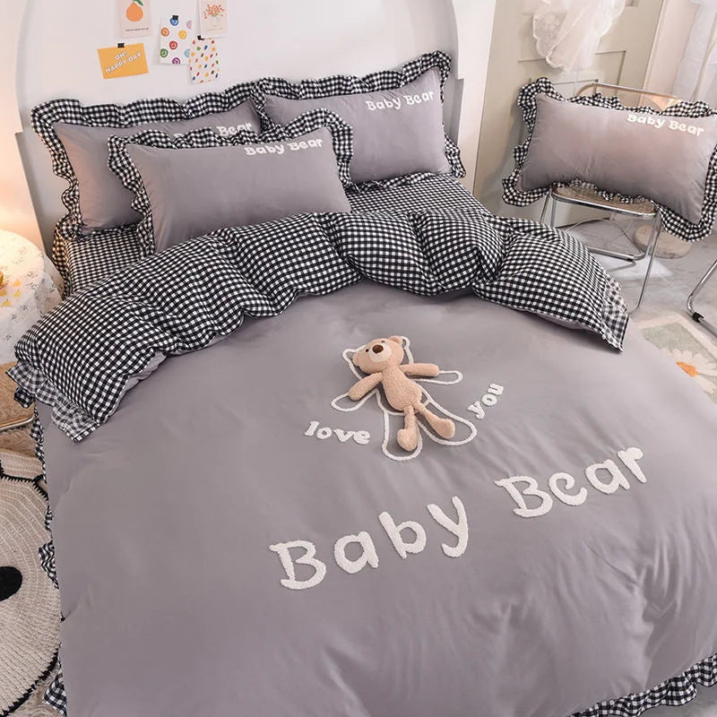 Ihomed Cartoon Bear Kids Bedding Set Washed Cotton Flat Sheet Lace Quilt Cover Kawaii Bedclothes Decor Home Textiles