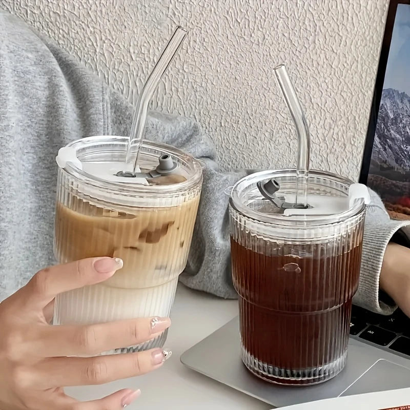 Ihomed 1pc 450ml Stripe Glass Cup Transparent Glasses With Lid and Straw Ice Coffee Mug Tea Cup Juice Glass Milk Water Cup Drinkware