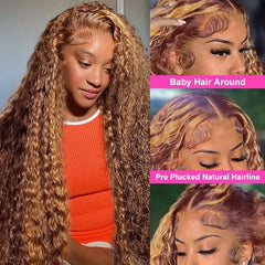 Ihomed 13x6 HD Brown Lace Front Wig Honey Blonde Curly Human Hair Wigs Ombre Highlight Wig Human Hair Deep Water Wave Lace Frontal Wig