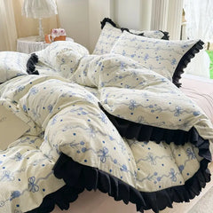 Ihomed  Korean style small fresh blue bow lace four piece set, washed bubble cotton quilt cover, bed sheet, 3-piece set