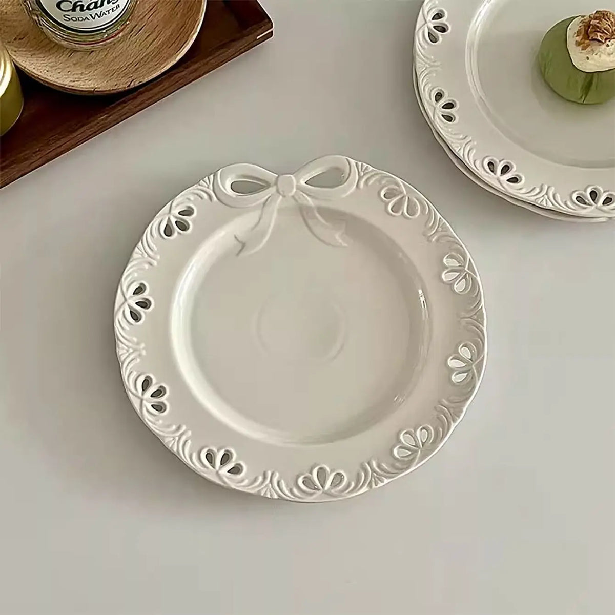 Ihomed White Vintage Inspired Ceramic Bowl with Embossed Bow Perfect for Desserts, Salads, and Cereal, Ideal for Home and Dining Use