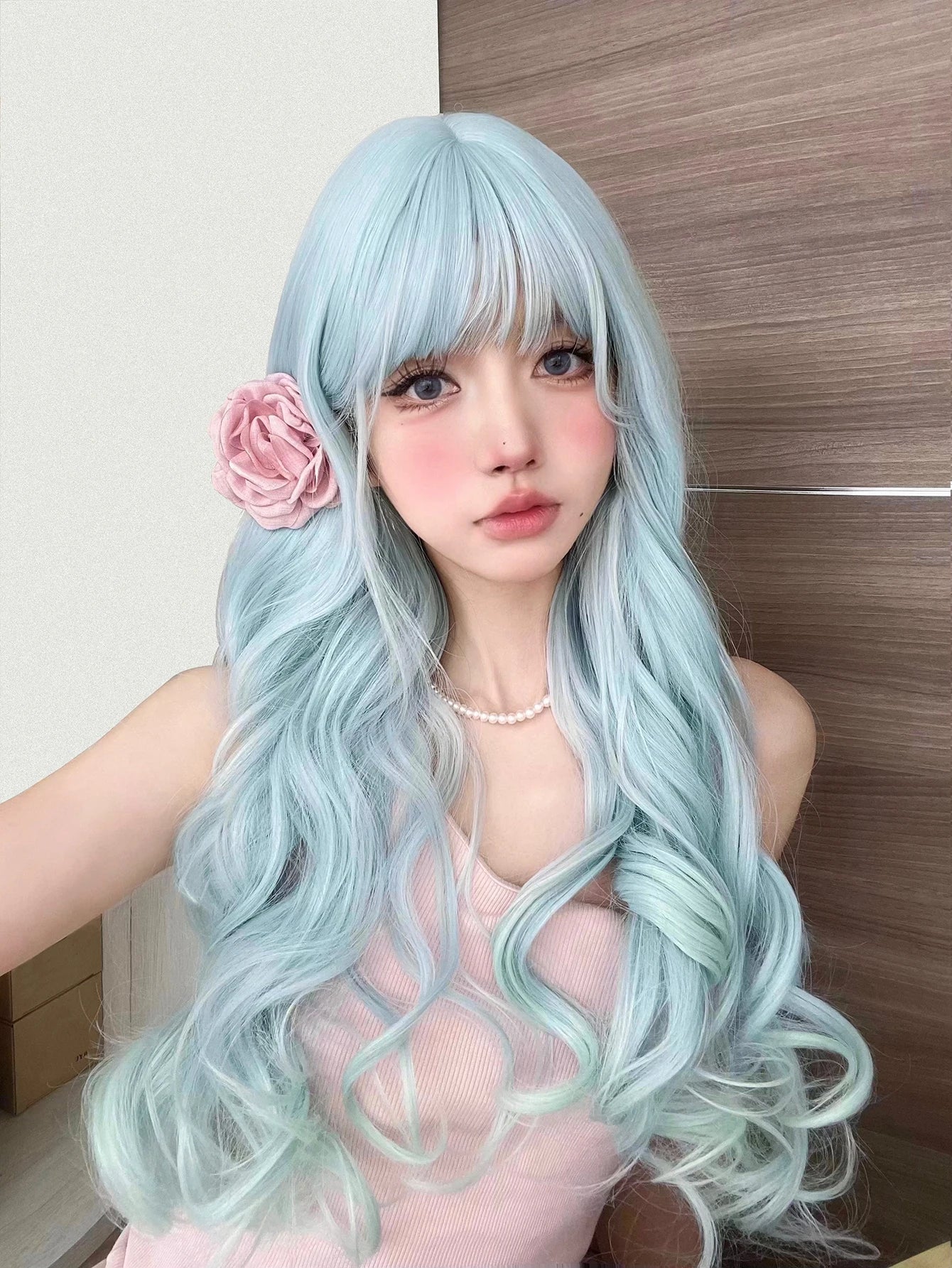 Ihomed 24Inch Sky Blue Refreshing Lolita Synthetic Wigs With Bang Long Natural Wavy Hair Wig For Women Daily Cosplay Heat Resistant