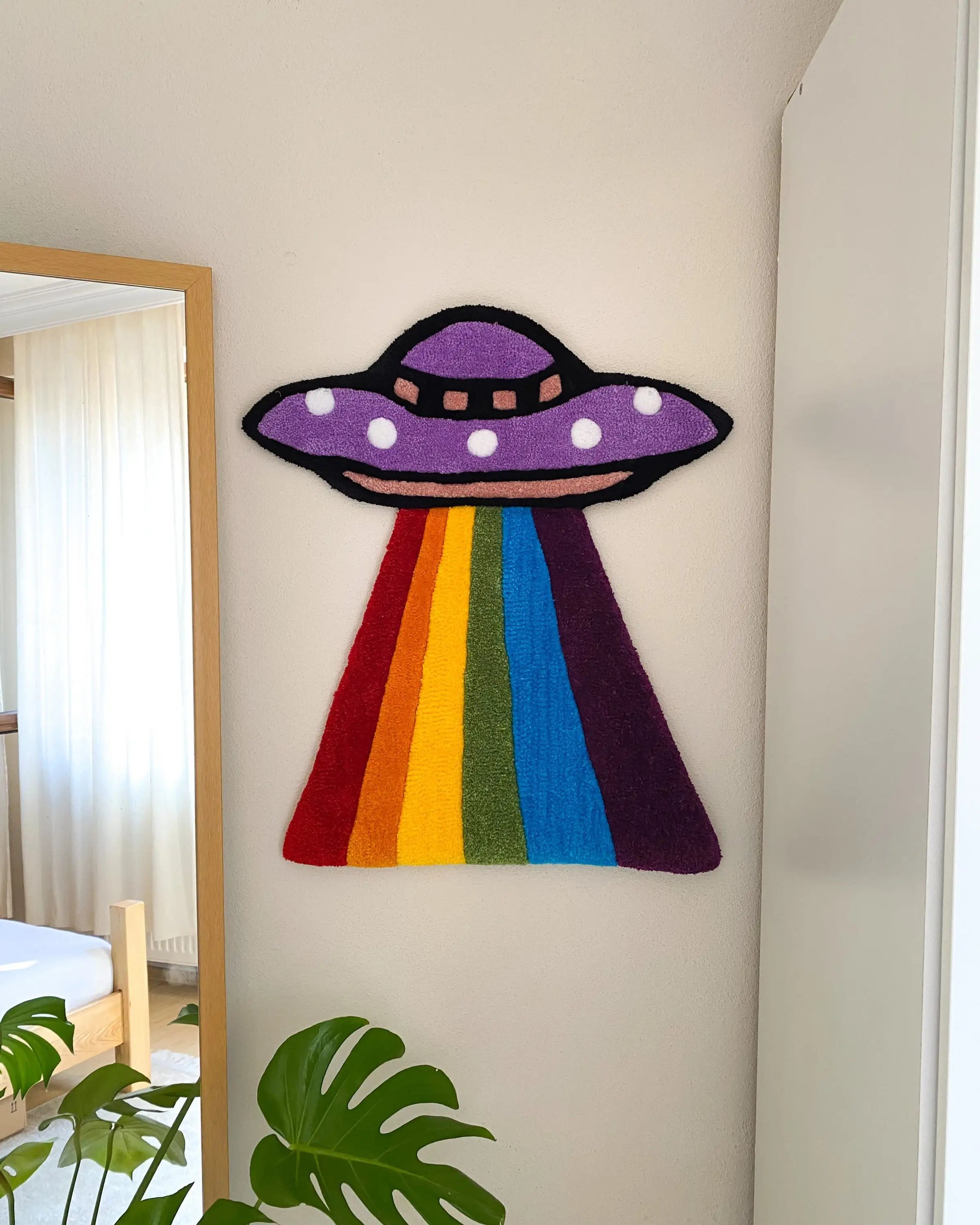 Ihomed Rainbow Soft Flannel Digital Printing Craft UFO Funny Rug Tapestry Decoration Home Cartoon Non-slip Carpet Housewarming Gift