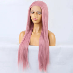 Ihomed Ash Pink Long Silky Straight Synthetic Lace Front Wig Natural Dark Colored 13X4 Frontal Wigs for Women Party Cosplay Free Part