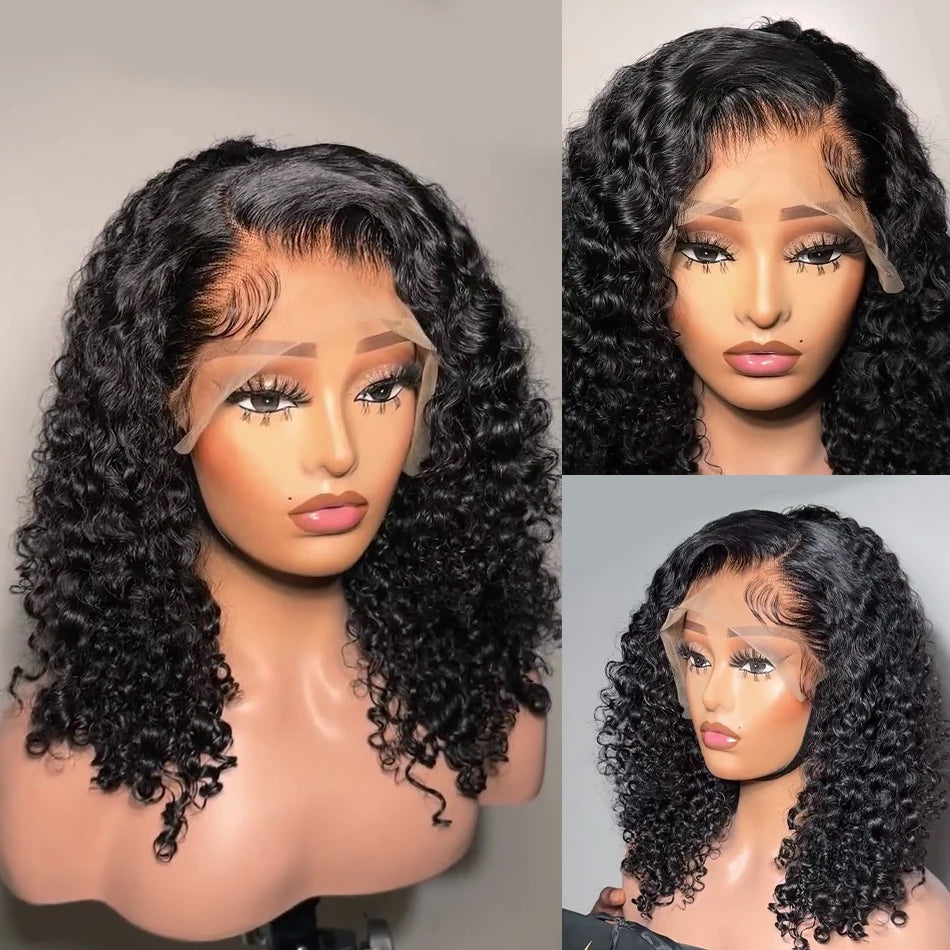 Ihomed Glueless Short Bob Deep Wave Human Hair Ready To Wear Lace Closure Wigs Peruvian Remy Kinky Curly Lace Frontal Wig Pre Cut 180%