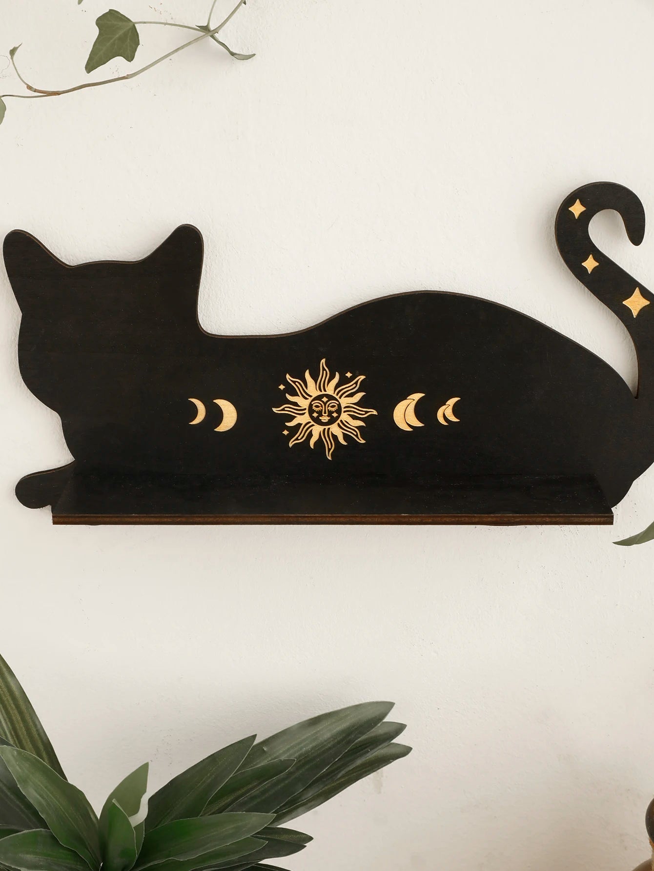 Ihomed Black Cat Wooden Shelf Moon Phase Chakra Crystal Stone Display Stand Wall Shelf  Witch Home Decor Gothic Room Decor Home Bedroom